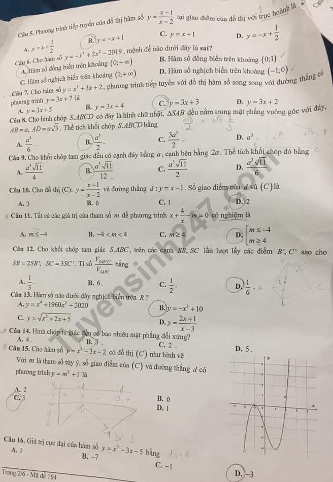 De thi giua ki 1 lop 12 mon Toan THPT Yen Hoa 2019