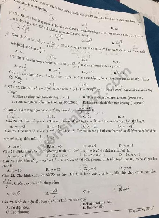 De thi giua ki 1 lop 12 mon Toan THPT Yen Hoa 2019