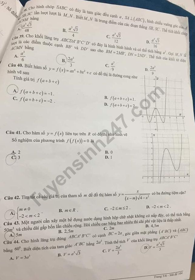 De thi giua ki 1 lop 12 mon Toan THPT Yen Hoa 2019