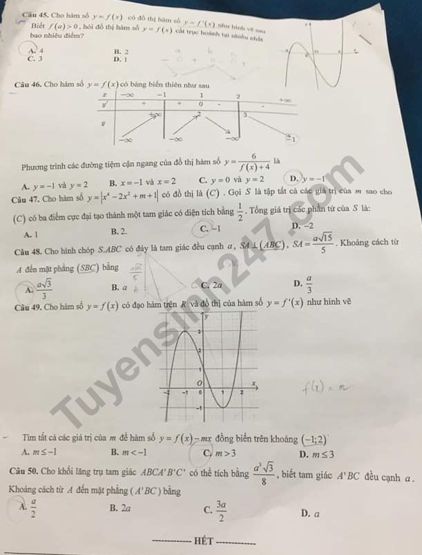 De thi giua ki 1 lop 12 mon Toan THPT Yen Hoa 2019