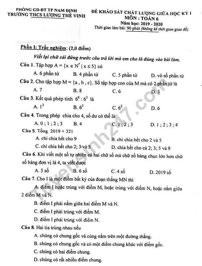 De thi giua ki 1 lop 6 mon Toan THCS Luong The Vinh 2019