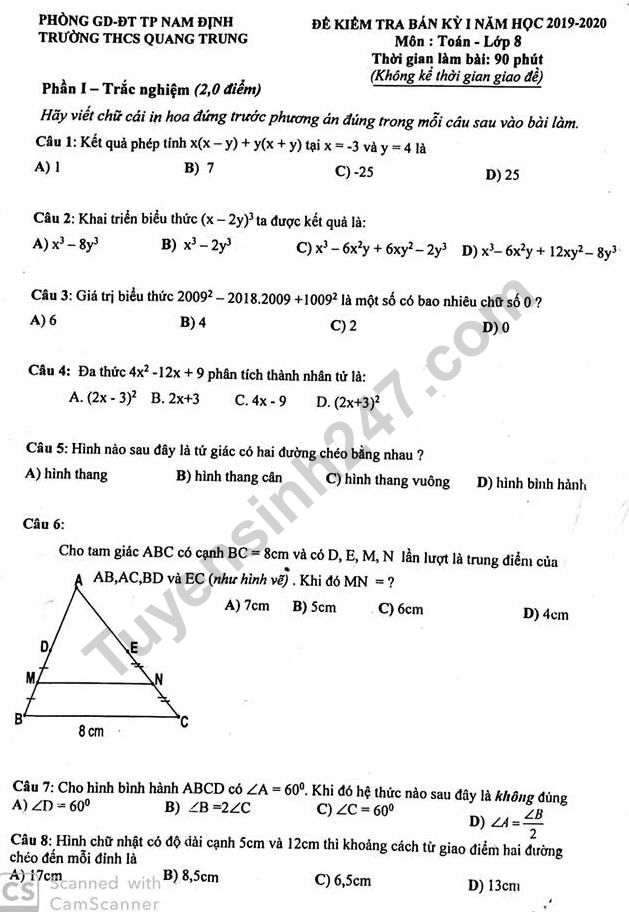 De thi giua ki 1 mon Toan lop 8 THCS Quang Trung 2019