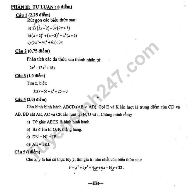 De thi giua ki 1 mon Toan lop 8 THCS Quang Trung 2019