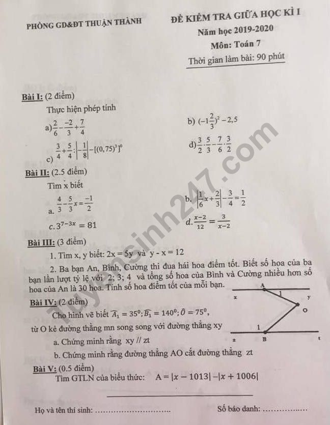 De thi giua ki 1 lop 7 mon Toan 2019 - Thuan Thanh