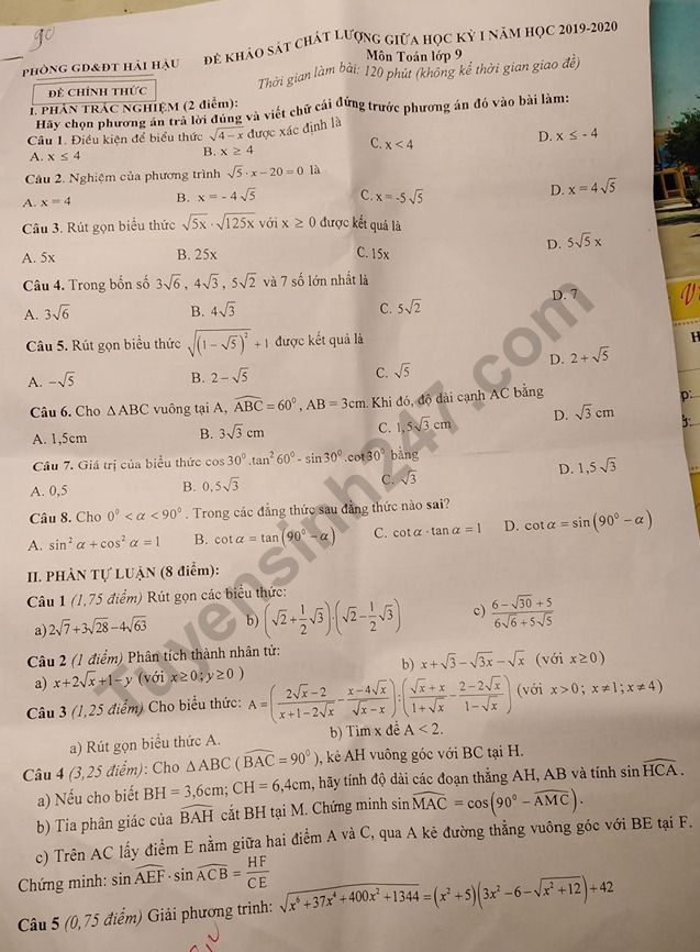 De kiem tra giua ki 1 lop 9 mon Toan 2019 - Hai Hau