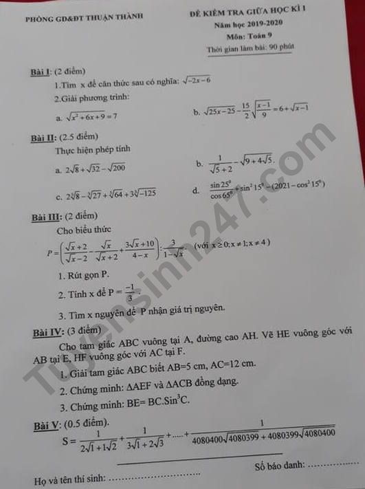De thi giua ki 1 mon Toan lop 9 - Phong GD Thuan Thanh 2019