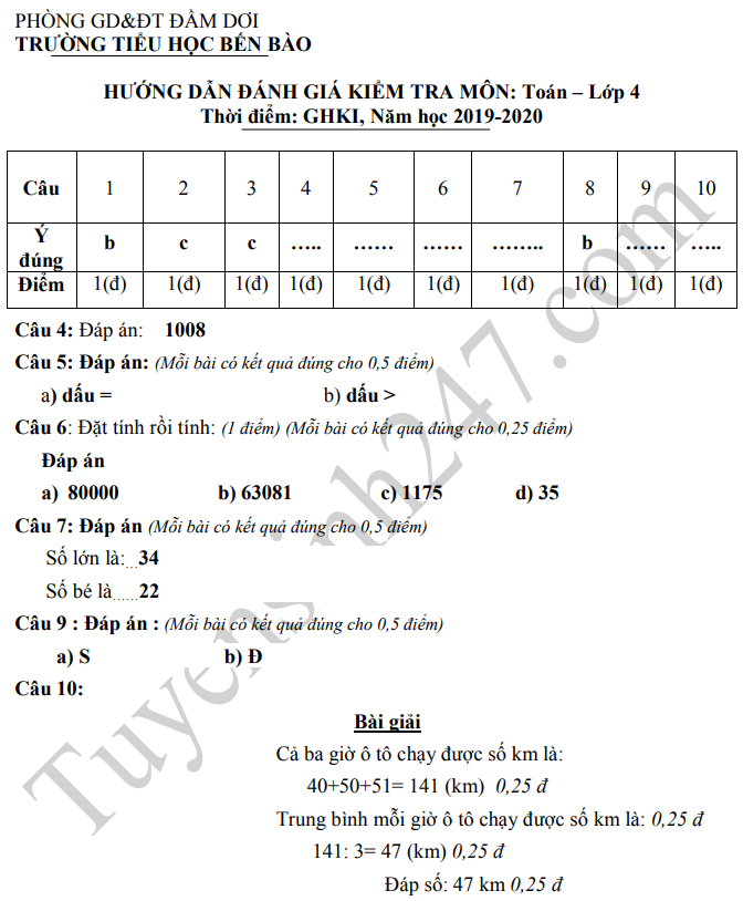 De thi giua ki 1 lop 4 mon Toan 2019 - TH Ben Bao