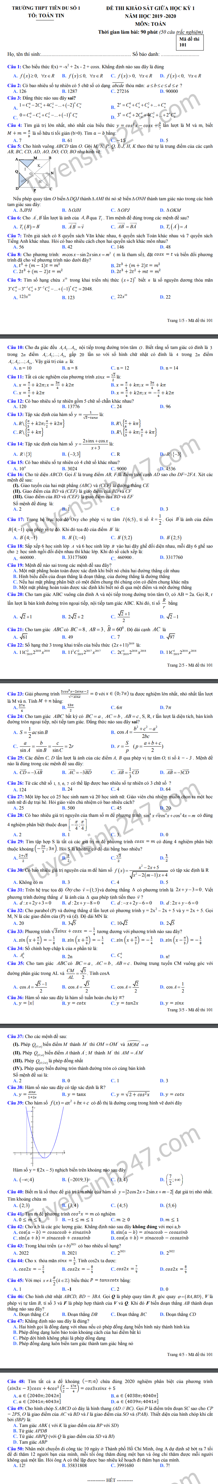 De thi giua ki 1 lop 11 mon Toan 2019 - THPT Tien Du