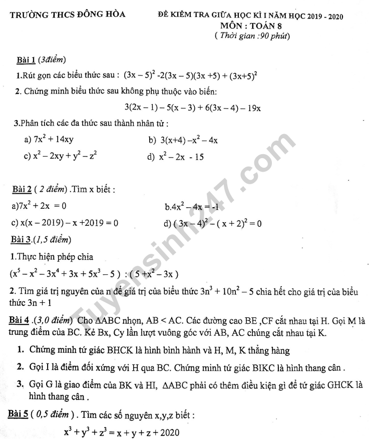 De thi giua ki 1 mon Toan lop 8 THCS Dong Hoa 2019 - 2020
