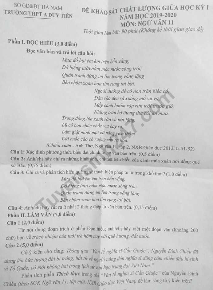 De thi giua ki 1 lop 11 mon Van 2019 - THPT A Duy Tien