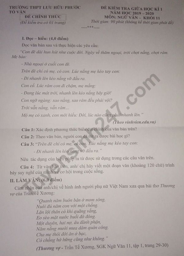 De thi giua ki 1 mon Van lop 11 THPT Luu Huu Phuoc 2019