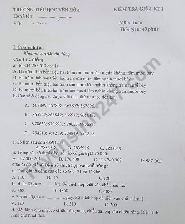 De thi giua ki 1 lop 4 mon Toan - TH Yen Hoa 2019