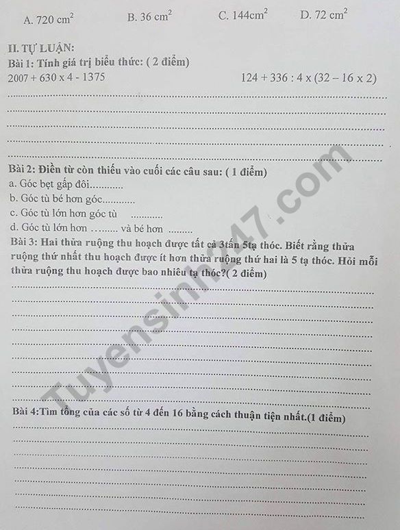 De thi giua ki 1 lop 4 mon Toan - TH Yen Hoa 2019