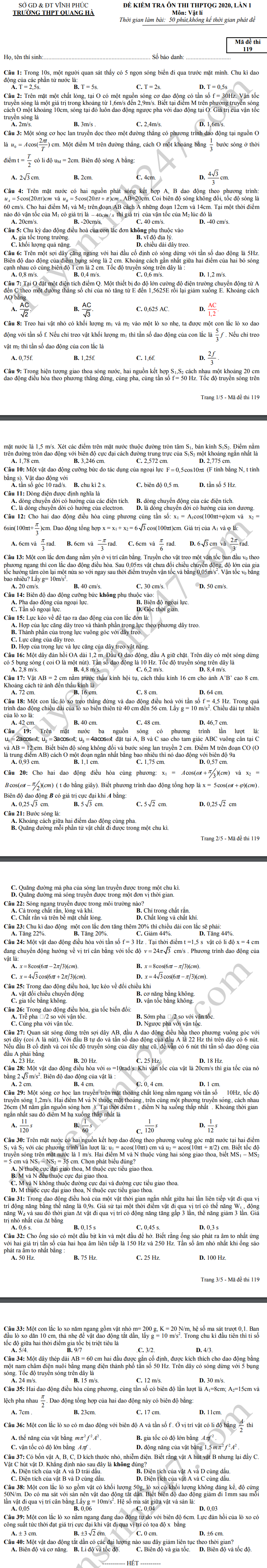 De thi thu THPTQG mon Ly 2020 - THPT Quang Ha lan 1
