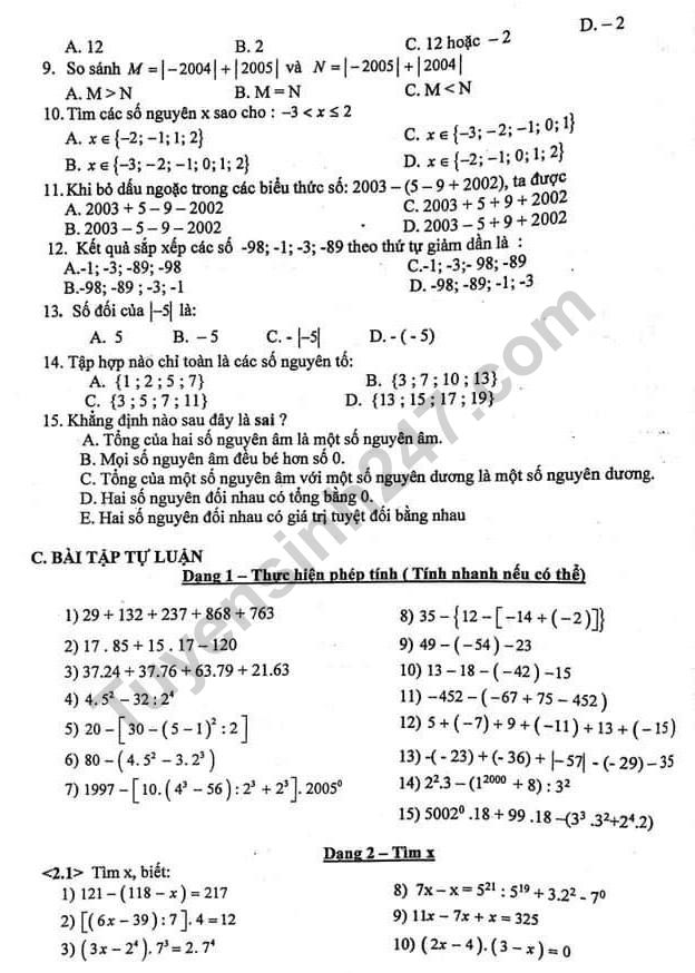 De cuong on tap ki 1 lop 6 mon Toan THCS Tan Dinh 2019