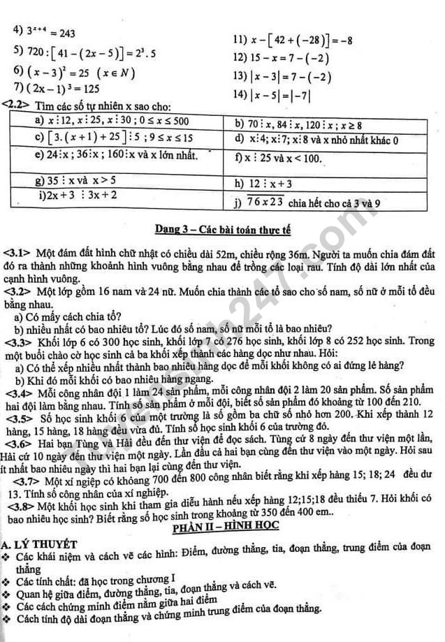 De cuong on tap ki 1 lop 6 mon Toan THCS Tan Dinh 2019
