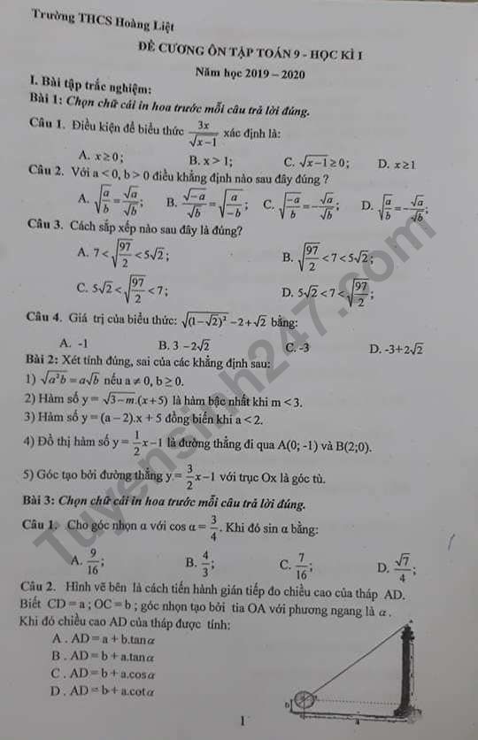 De cuong on tap ki 1 lop 9 mon Toan 2019 - THCS Hoang Liet