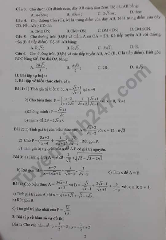 De cuong on tap ki 1 lop 9 mon Toan 2019 - THCS Hoang Liet