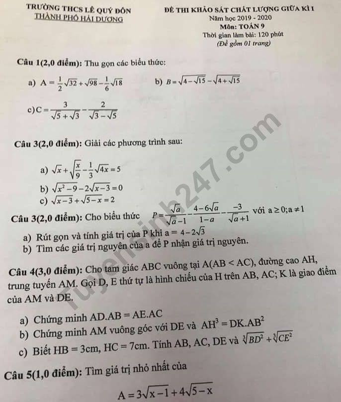 De thi giua ki 1 lop 9 mon Toan THCS Le Quy Don 2019