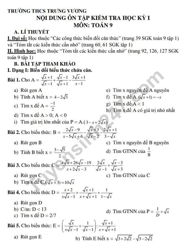 De cuong on tap ki 1 lop 9 mon Toan - THCS Trung Vuong 2019