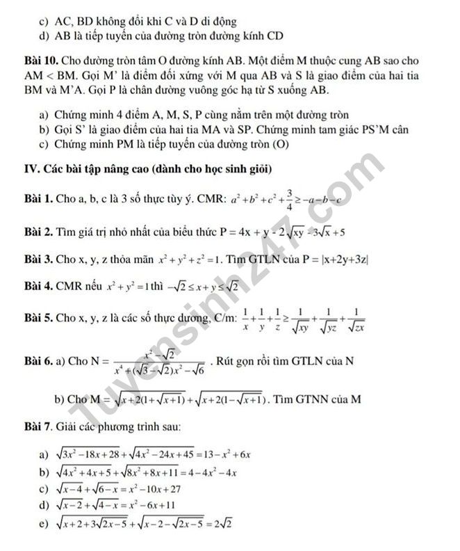 De cuong on tap ki 1 lop 9 mon Toan - THCS Trung Vuong 2019