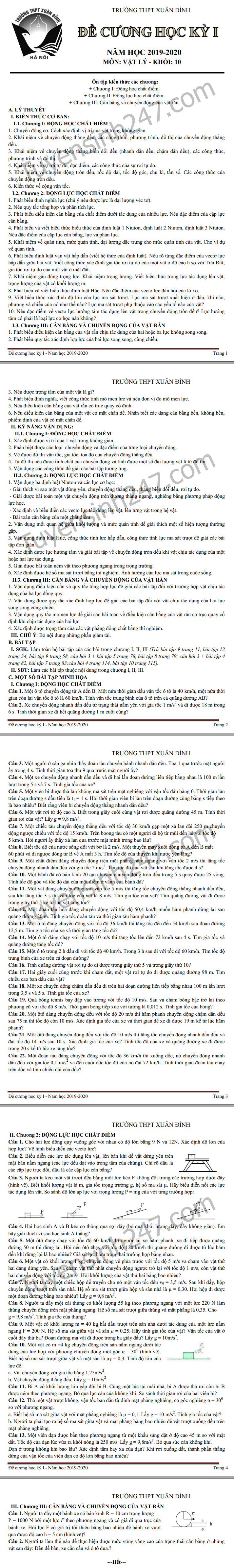 De cuong on thi mon Ly ki 1 lop 10 THPT Xuan Dinh 2019