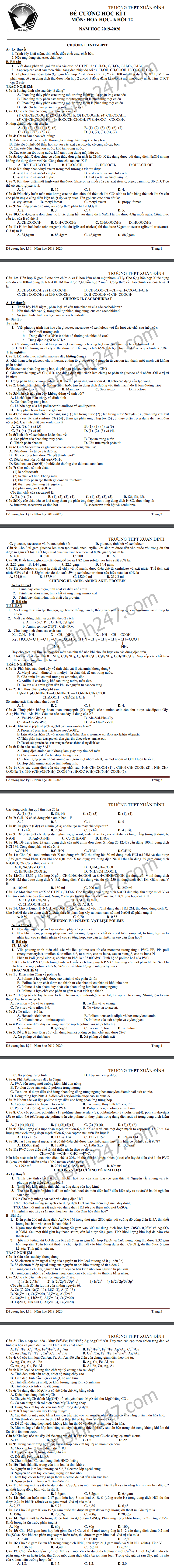 De cuong on tap ki 1 lop 12 mon Hoa 2020 - THPT Xuan Dinh