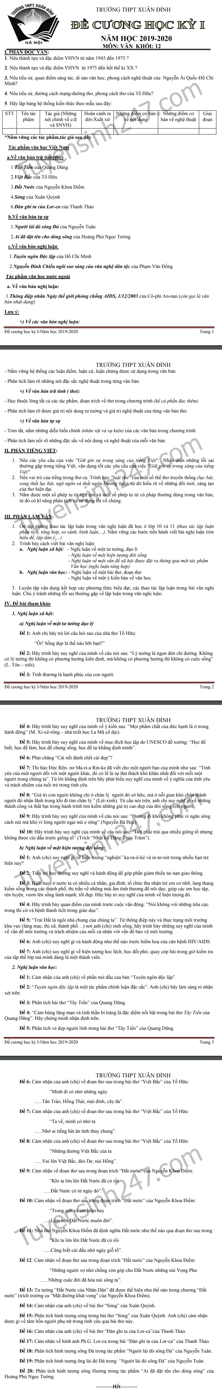 De cuong on tap cuoi ki 1 lop 12 mon Van THPT Xuan Dinh 2019
