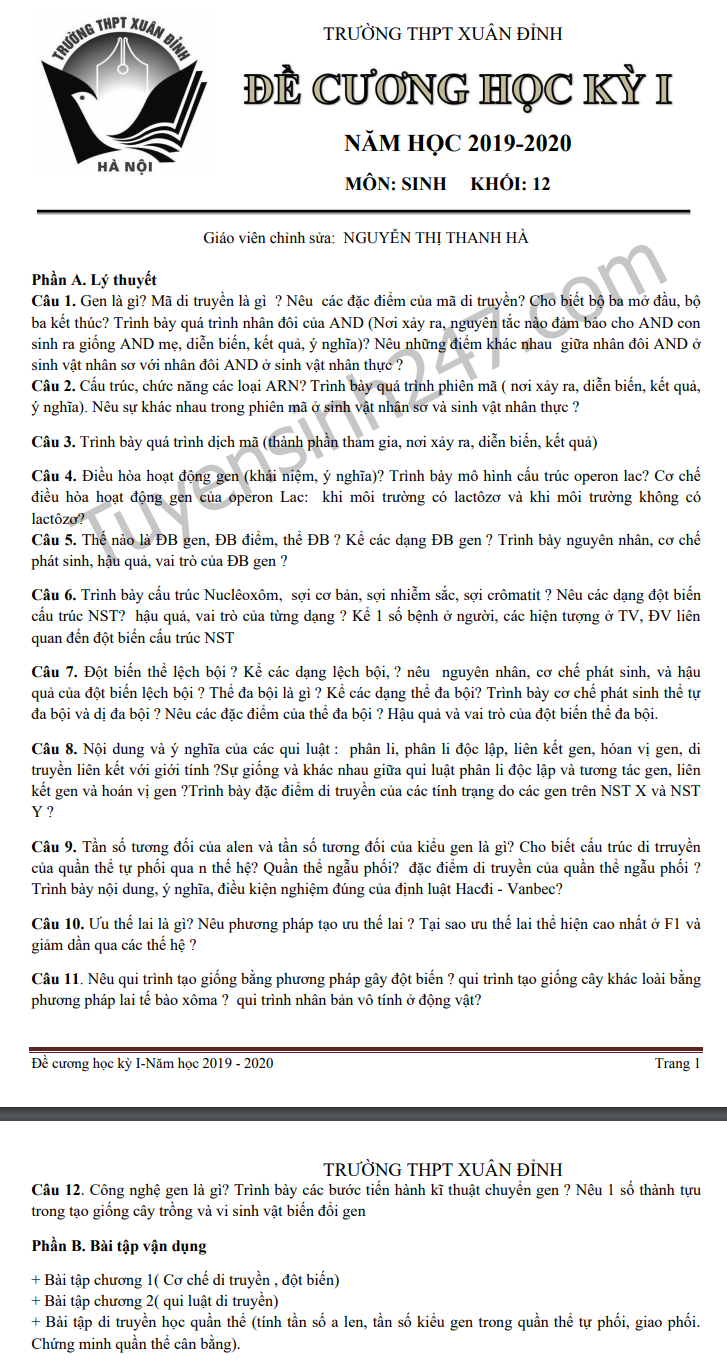 De cuong mon Sinh on tap ki 1 lop 12 THPT Xuan Dinh 2019