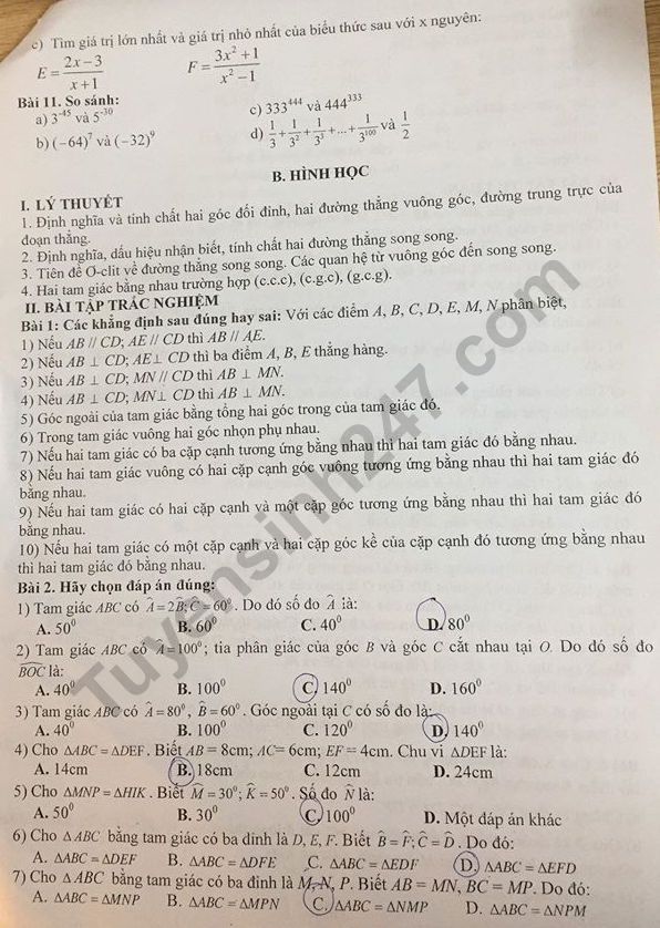 De cuong ki 1 mon Toan lop 7 Truong THCS M.V Lomonoxop 2019