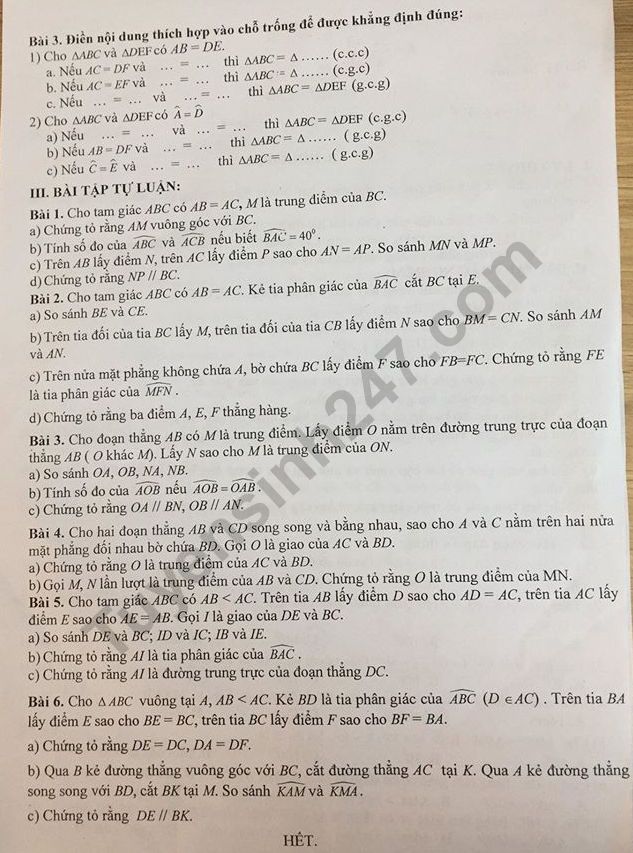 De cuong ki 1 mon Toan lop 7 Truong THCS M.V Lomonoxop 2019