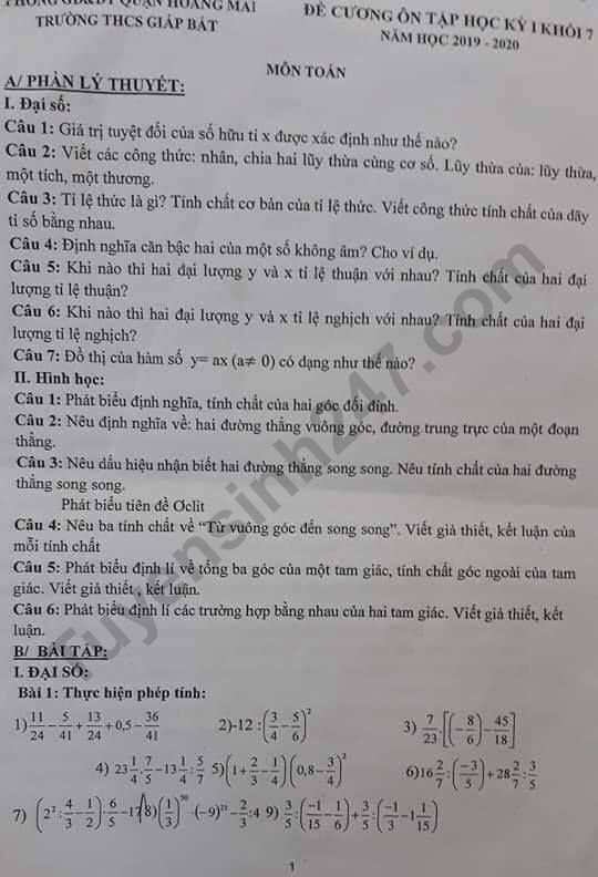 De cuong on tap mon Toan ki 1 lop 7 THCS Giap Bat 2019
