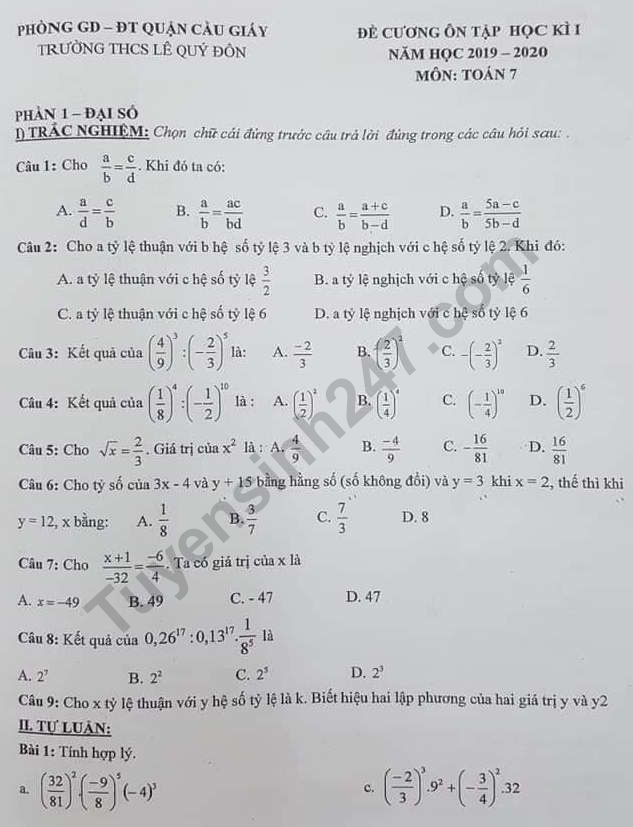 De cuong on tap ki 1 lop 7 mon Toan THCS Le Quy Don 2019