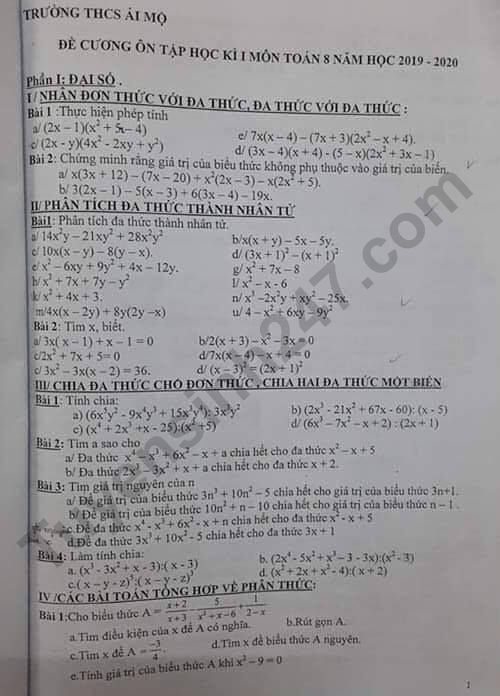 De cuong on tap ki 1 lop 8 mon Toan 2019 - THCS Dai Mo