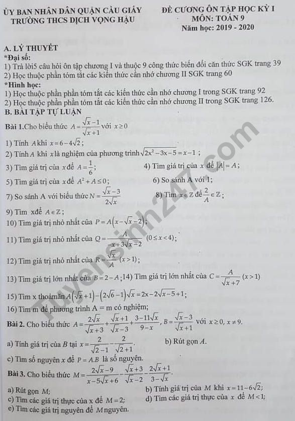 De cuong lop 9 on tap ki 1 mon Toan THCS Dich Vong Hau 2019