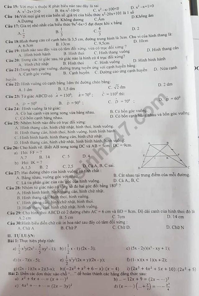 De cuong on tap ki 1 lop 8 mon Toan - THCS Nguyen Lan 2019