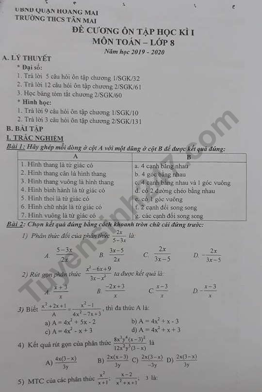 De cuong on tap hoc ki 1 lop 8 mon Toan 2019 - THCS Tan Mai