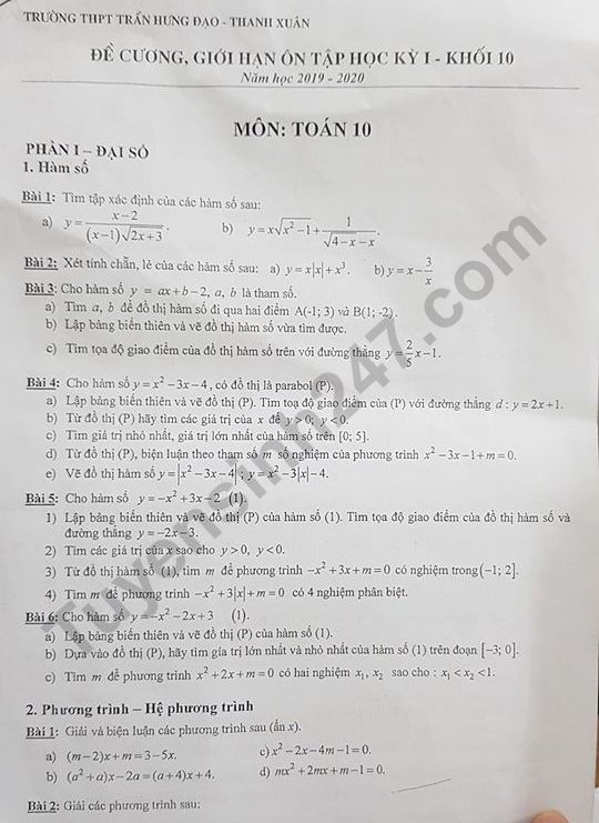 De cuong on tap ki 1 lop 10 mon Toan - THPT Tran Hung Dao 2019