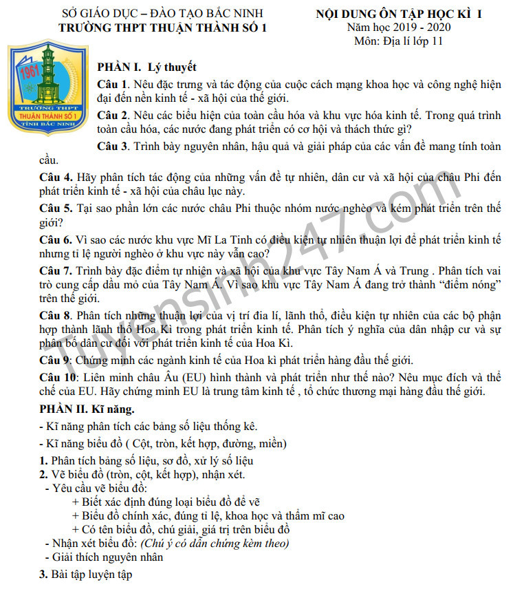 De cuong ki 1 lop 11 mon Dia ly - THPT Thuan Thanh nam 2019