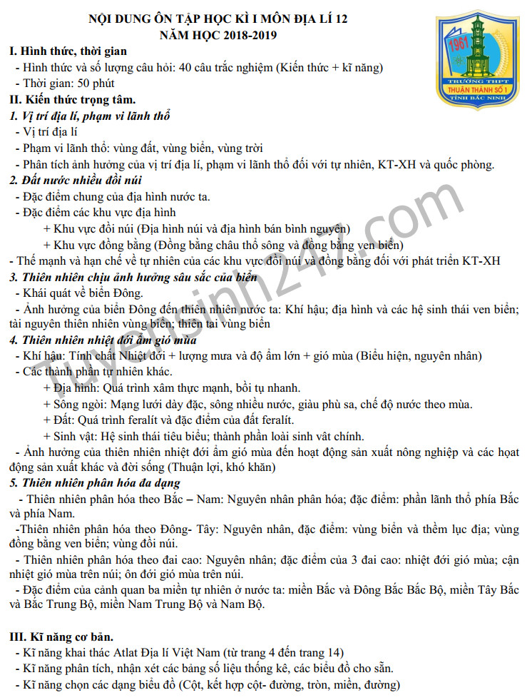 De cuong lop 12 mon Dia ly hoc ki 1 nam 2019 THPT Thuan Thanh