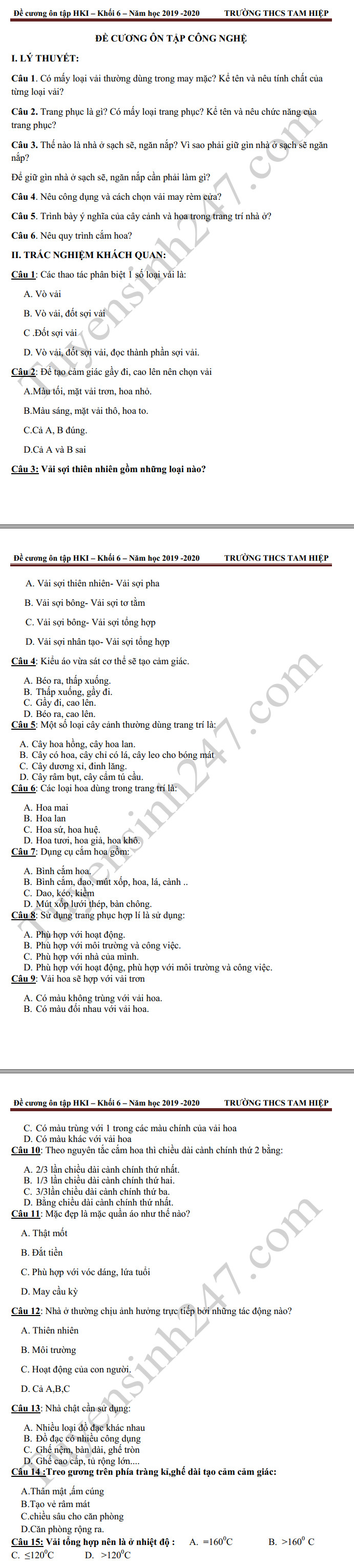 De cuong Cong nghe ki 1 lop 6 nam 2019 THCS Tam Hiep