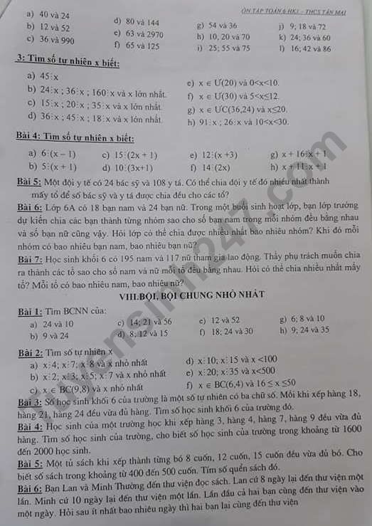De cuong ki 1 Toan lop 6 Truong THCS Tan Mai nam 2019