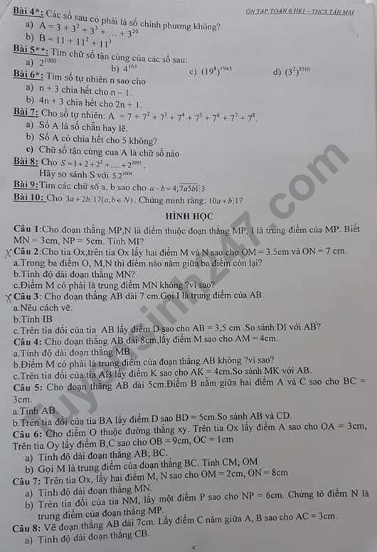 De cuong ki 1 Toan lop 6 Truong THCS Tan Mai nam 2019