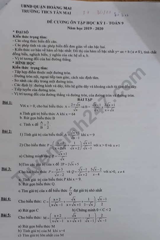De cuong on tap ki 1 lop 9 mon Toan 2019 - THCS Tan Mai