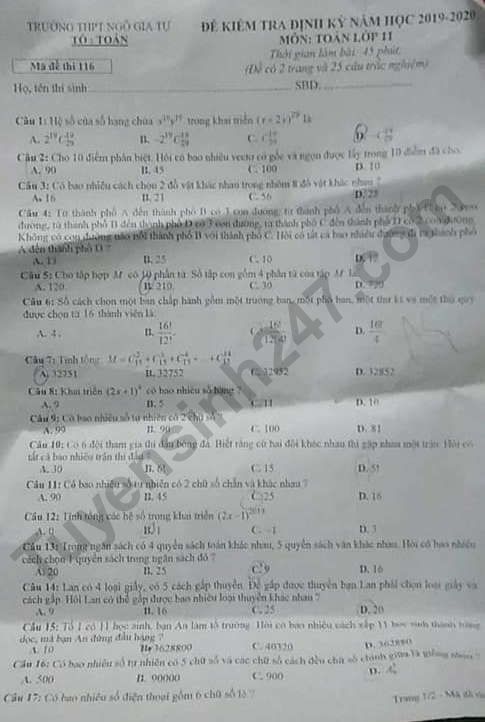 De thi ki 1 lop 11 mon Toan THPT Ngo Gia Tu 2019