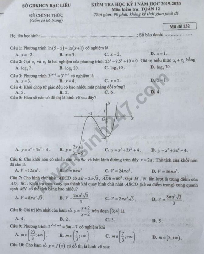 De thi ki 1 lop 12 nam 2019 - 2020 mon Toan - So GD Bac Lieu
