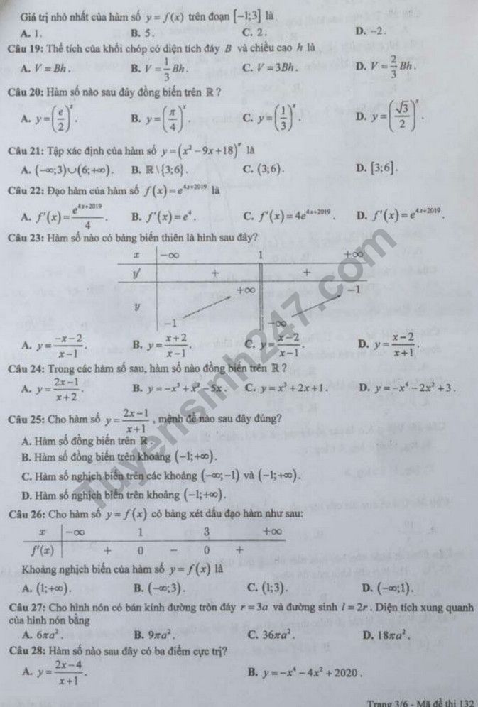 De thi ki 1 lop 12 nam 2019 - 2020 mon Toan - So GD Bac Lieu