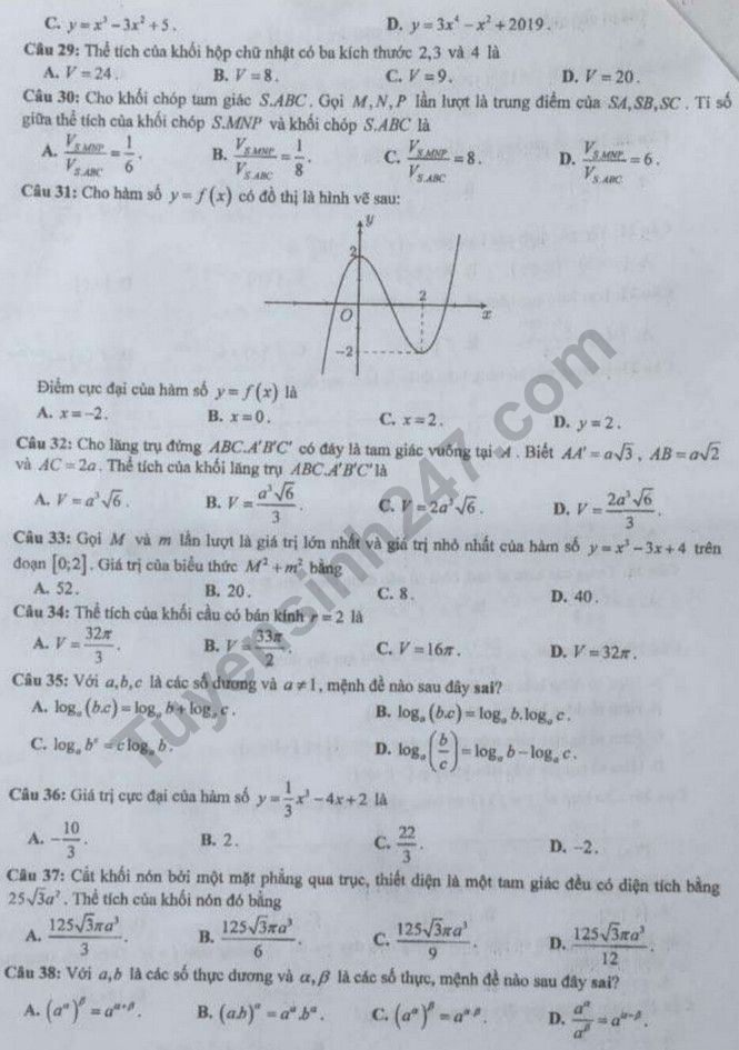 De thi ki 1 lop 12 nam 2019 - 2020 mon Toan - So GD Bac Lieu