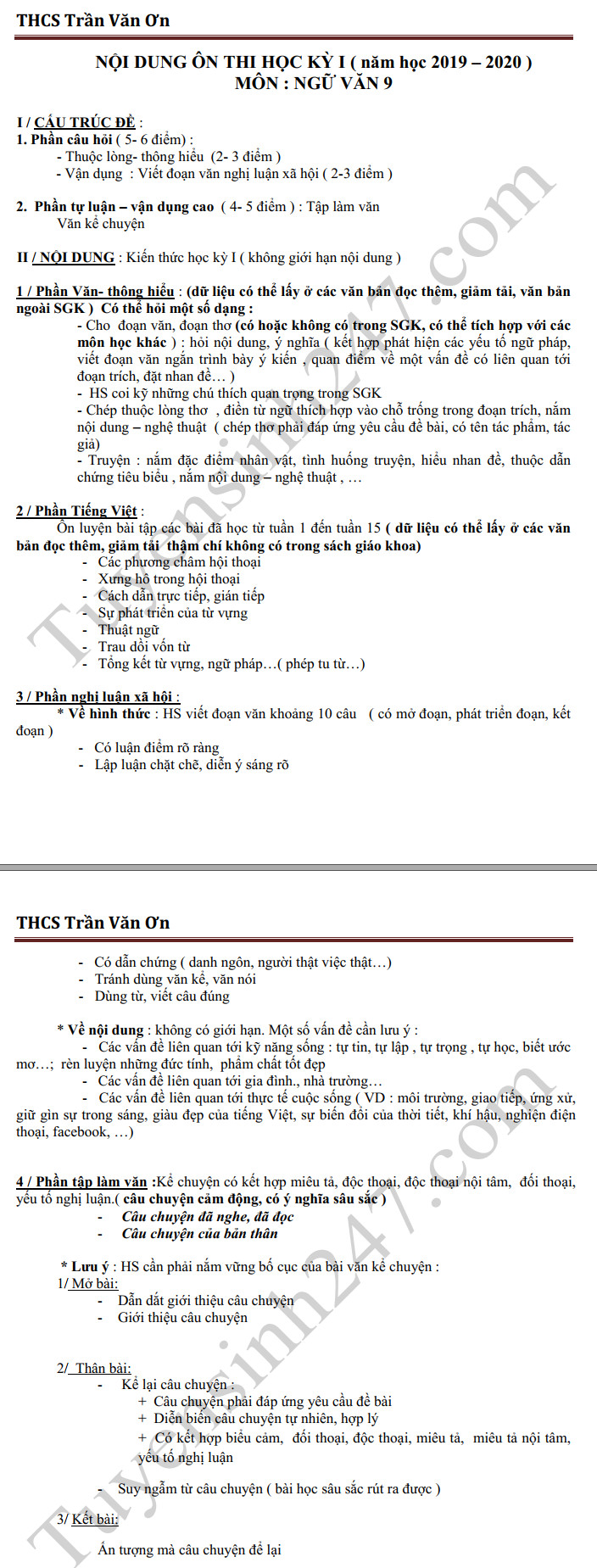 De cuong ki 1 mon Van lop 9 THCS Tran Van On 2019