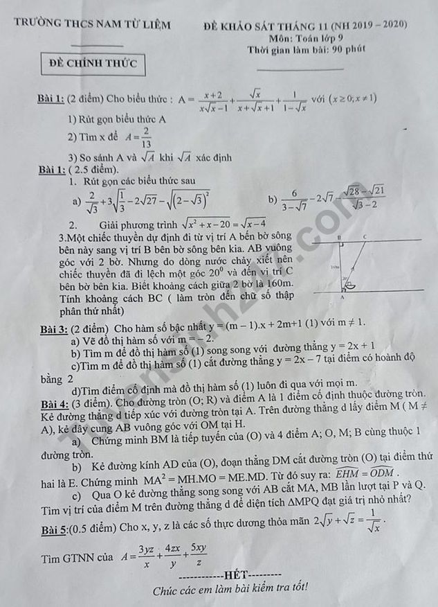 De khao sat thang 11 lop 9 mon Toan 2019 - THCS Nam Tu Liem